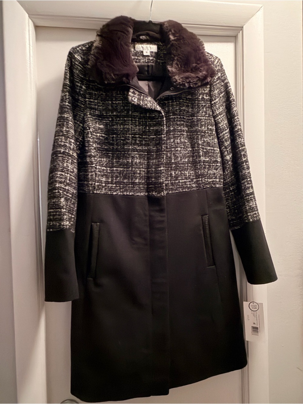 Via Spiga Black & Gray Fur-Collar Pea Coat NWT M